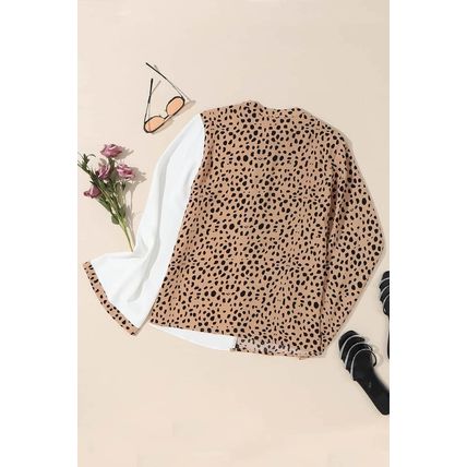 Khaki Leopard Contrast Half Button Casual Blouse