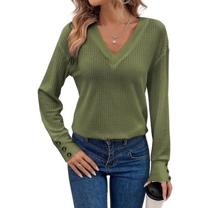 Jungle Green Textured Knit V Neck Button Cuffs Long Sleeve Top