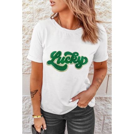 White St. Patrick Lucky Chenille Glitter Patched Graphic T Shirt