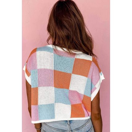 Grapefruit Orange Color Block Cap Sleeve Sweater