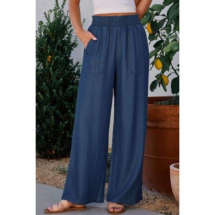 Sail Blue Side Pockets Frilled Smocked High Waist Wide Leg Jeans