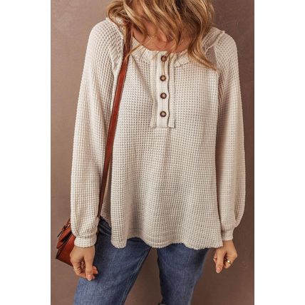Oatmeal Waffle Knit Buttoned Front Raglan Sleeve Loose Blouse
