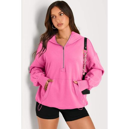 Bonbon Solid Kangaroo Pocket Half Zipper Oversized Hoodie