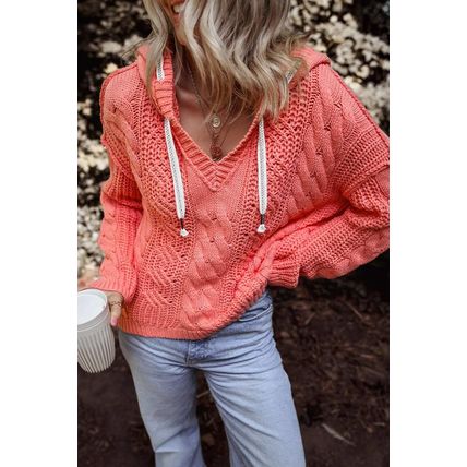 Gold Flame Cable Knit V Neck Contrast Drawstring Hooded Sweater