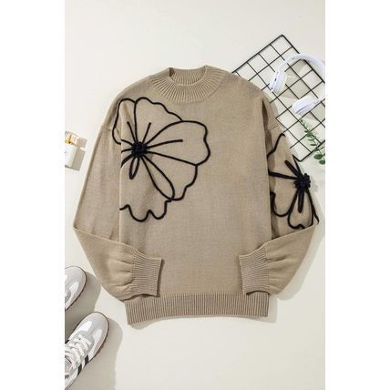 Dark Khaki Plus Size Big Flower Pattern High Neck Drop Shoulder Sweater