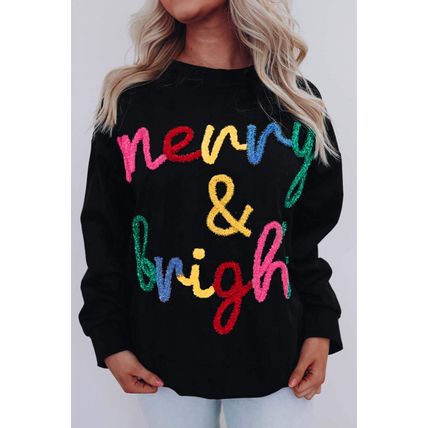 Black Colorful Merry & Bright Tinsel Graphic Sweater