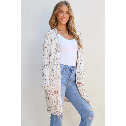 White Confetti Rib Knit Long Sleeve Cardigan