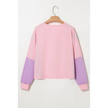 Pink Colorblock Long Sleeve Buttons Henley Top