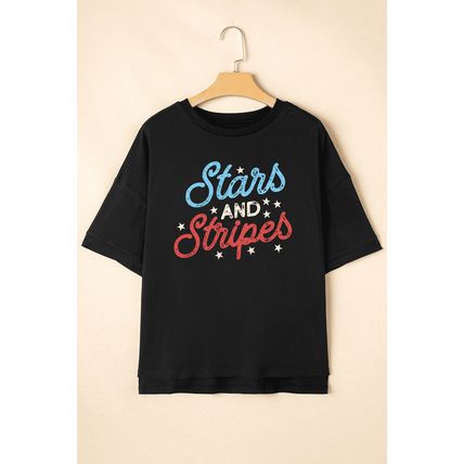 Black July 4th Stars AND Stripes Vintage Letter Graphic Tee