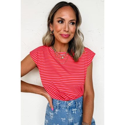 Red Stripe Ribbed Cap Sleeve Round Neck T Shirt
