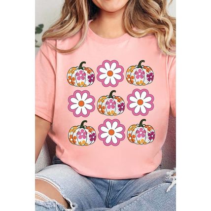 Pink Floral Pumpkin Thanksgiving Holiday Funny Graphic T Shirt