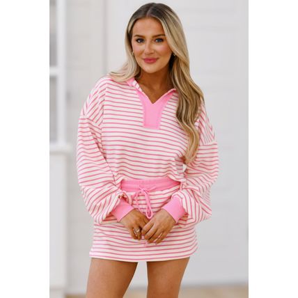 Pink Stripe Collared V Neck Drop Shoulder Pullover and Skort 2pcs Outfit