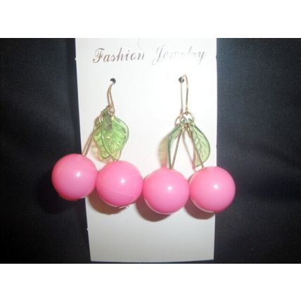 Fun bright wacky pink cherry & green glass leaf earrings