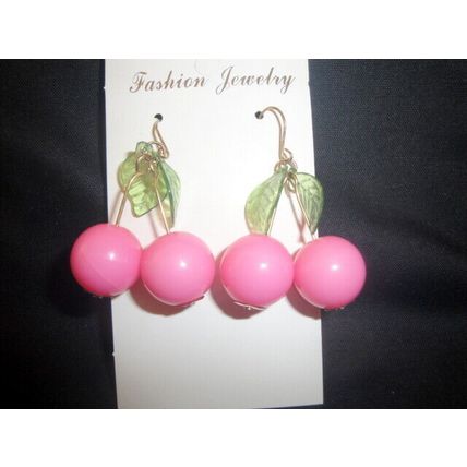 Fun bright wacky pink cherry & green glass leaf earrings