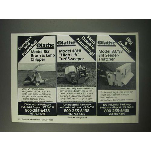 1990 Olathe Ad - Model 182 Brush & Limb Chipper, 48HL High Lift Turf Sweeper