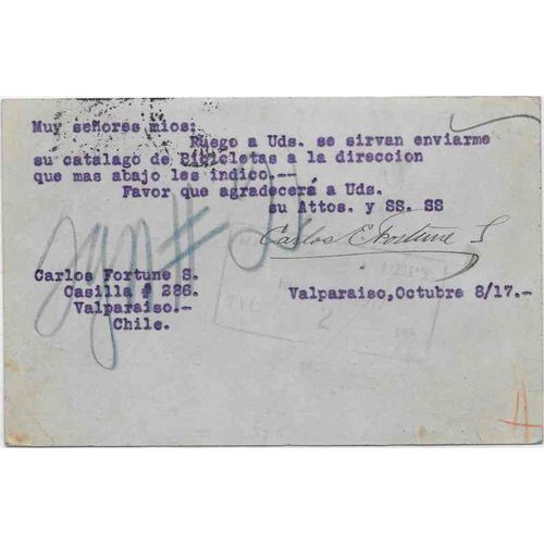 Chile Postal Sta. 1917, Uprated Valparaiso to Chicago USA
