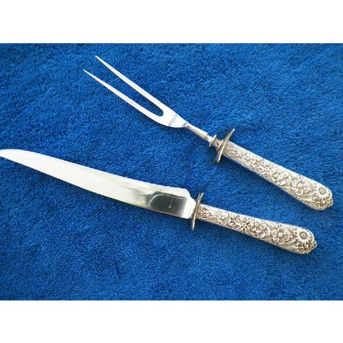 VNTG STERLIG SILVER FLORAL REPOUSSE HANDLE CARVING SET