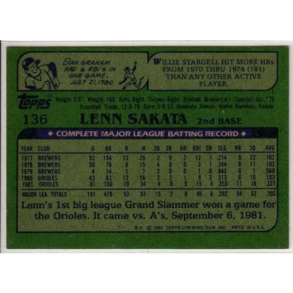 1982 Topps baseball card 136 Lenn Sakata - Orioles