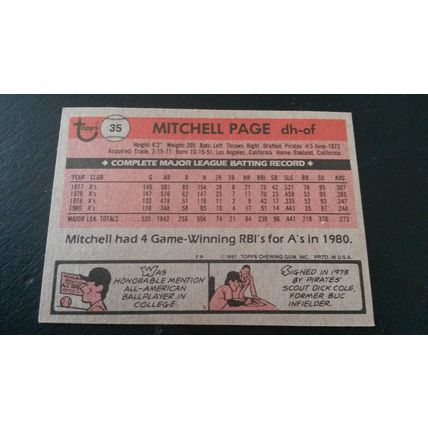 1981 Topps Card # 035 Mitchell Page Very Good-Excellent (4) Oakland Athletics
