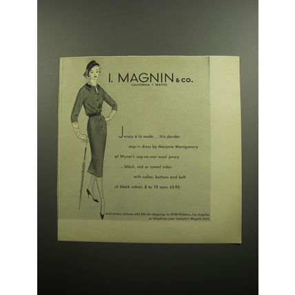 1957 I. Magnin Marjorie Montgomery Dress Ad - Jersey a la mode