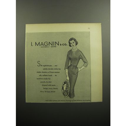 1957 I. Magnin Addie Masters Dress Ad - Silk sophisticate