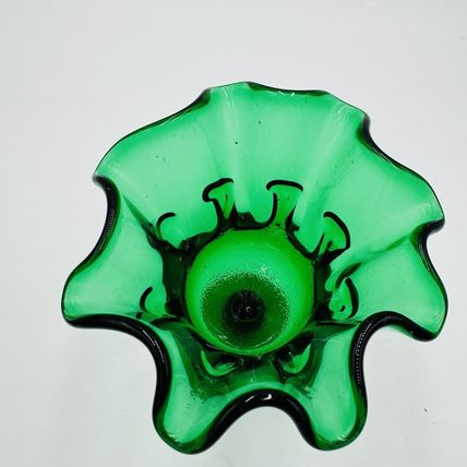 MCM Stelvia Emerald Green Art Glass Ruffled Compote Wayne Husted 6in
