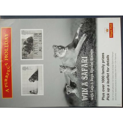 ROYAL MAIL A4 POST OFFICE POSTER 2001 WIN A SAFARI CATS & DOGS STAMPS LION