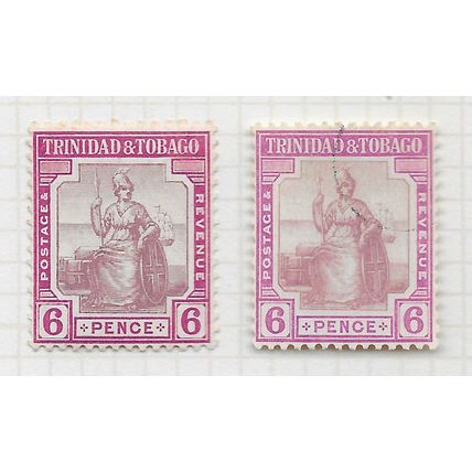 TRINIDAD & TOBAGO 1913 SIX PENCE 2 STAMP LOT SHADES SG153 USED & MINT MH