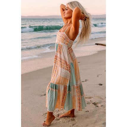 Multicolor Boho Patchwork Print Square Neck Sundress