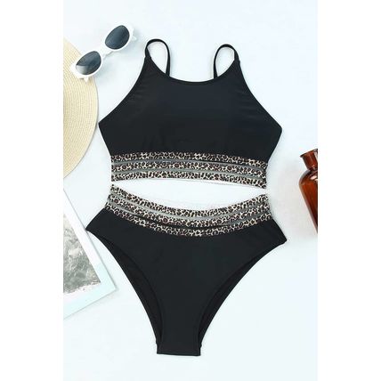 Black Rose Leopard Mesh Trim 2pcs Bikini Swimsuit