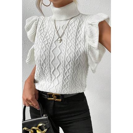 White Turtle Neck Short Sleeve Cable Knit Ruffled Sweater
