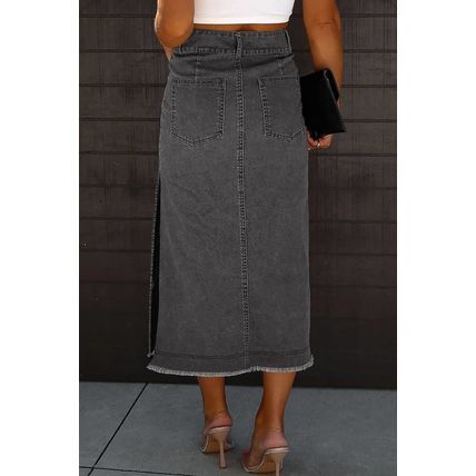 Black Raw Edge Side Slits Buttoned Midi Denim Skirt
