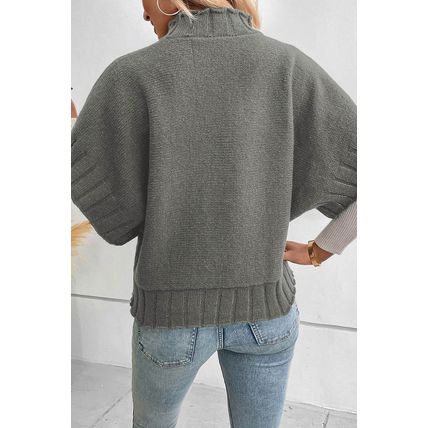 Medium Grey Mock Neck Batwing Short Sleeve Knit Sweater