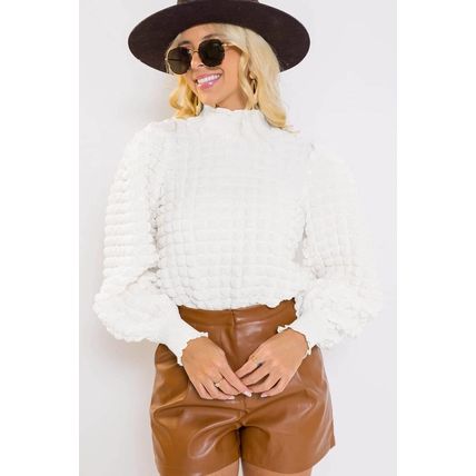 White Textured Smocked Mock Neck Puff Sleeve Blouse