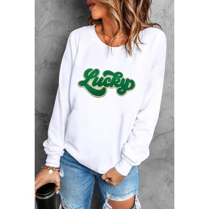 White Shiny Trim Chenille Lucky Pattern Sweatshirt