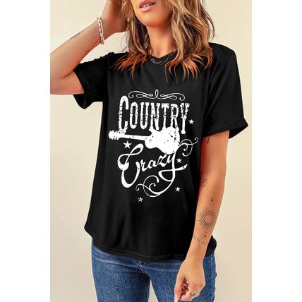 Black Country Music Crazy Print Crew Neck T Shirt