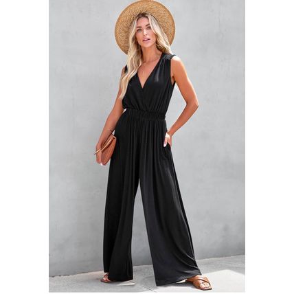 Black Deep V Pleated Crisscross Wide Leg Backless Jumpsuit