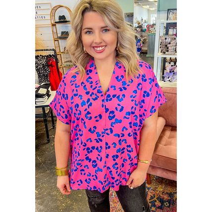 Rose Contrast Leopard Print Plus Size V Neck Blouse