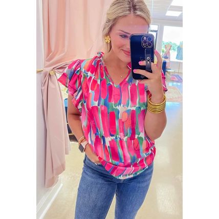 Rose Abstract Brush Print Ruffled Sleeve Frill V Neck Blouse