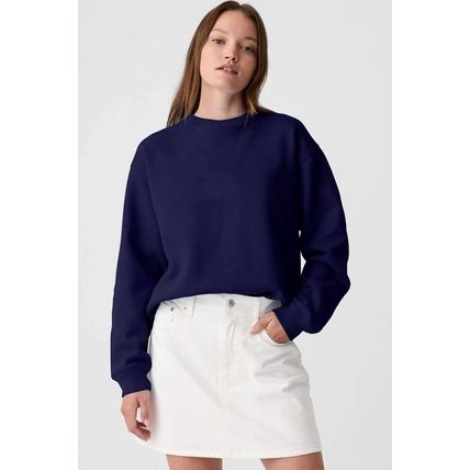 Navy Blue Solid Fleece Lined Drop Shoulder Terry Sweatshirt