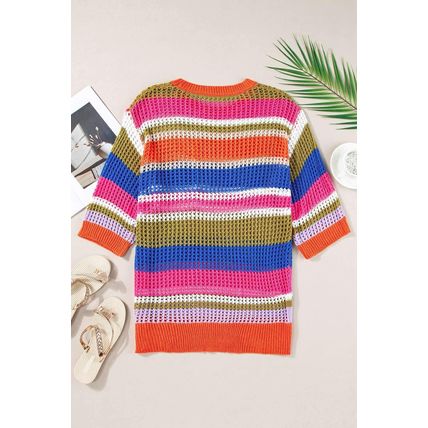 Orange Stripe Colorblock Hollowed Crochet 3/4 Sleeve Sweater