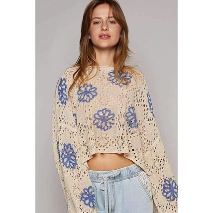 Beige Contrast Flower Print Eyelet Drop Shoulder Sweater
