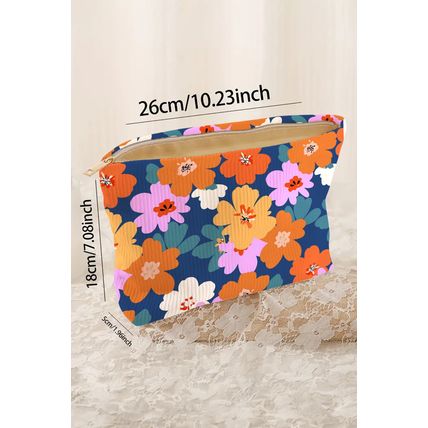 Ashleigh Blue Flower Print Zipper Corduroy Large Cosmetic Bag