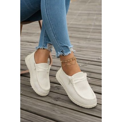 White Solid Ribbed Criss Cross Slip On Casual Shoes