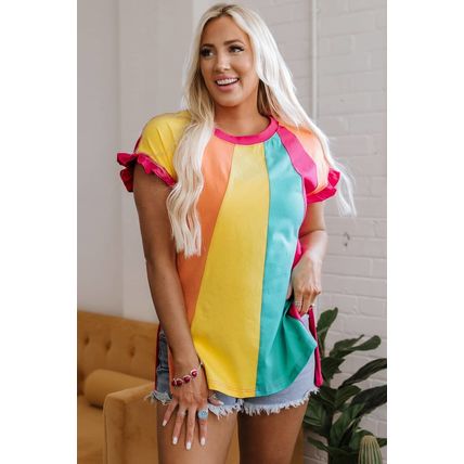 Rose Red Color Block Ruffled Crew Neck Loose Fit T Shirt