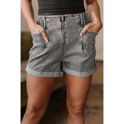 Gray Zipped Light Wash Cuffed Edge Denim Shorts
