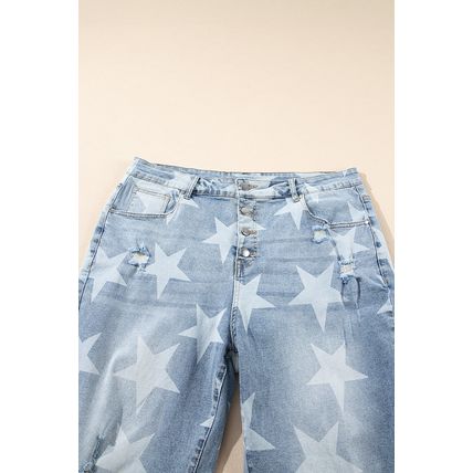 Sky Blue Star Printed Multi Buttons Slit Knee Destroyed Plus Size Jeans