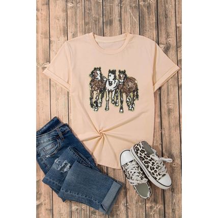 Khaki Sequin Horses Patched Casual Crewneck T Shirt