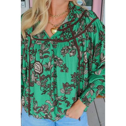 Green Leaves Print Contrast Trim V Neck Shirred Puff Sleeve Blouse