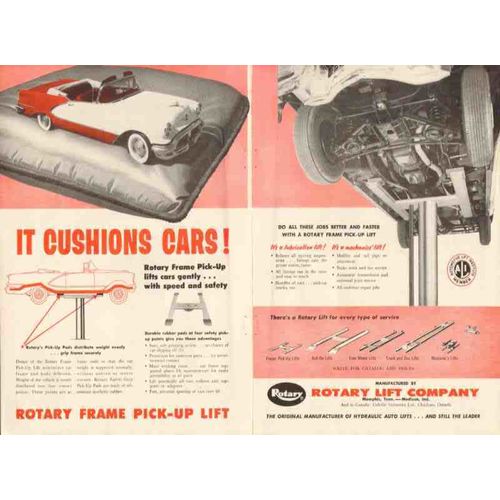 rotary lift company 1956 cushions cars frame pick-up repair vintage ad